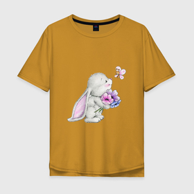 Мужская футболка хлопок Oversize с принтом кролик дарит цветы тебе в Екатеринбурге, 100% хлопок | свободный крой, круглый ворот, “спинка” длиннее передней части | Тематика изображения на принте: 