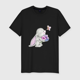 Мужская футболка хлопок Slim с принтом кролик дарит цветы тебе в Кировске, 92% хлопок, 8% лайкра | приталенный силуэт, круглый вырез ворота, длина до линии бедра, короткий рукав | Тематика изображения на принте: 