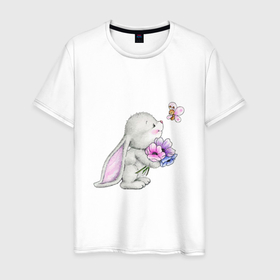 Мужская футболка хлопок с принтом кролик дарит цветы тебе в Екатеринбурге, 100% хлопок | прямой крой, круглый вырез горловины, длина до линии бедер, слегка спущенное плечо. | 