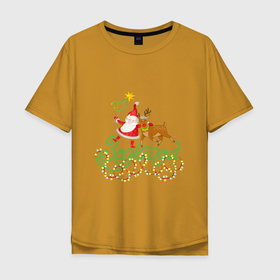 Мужская футболка хлопок Oversize с принтом Санта и Рудольф дед Мороз С Новым годом в Екатеринбурге, 100% хлопок | свободный крой, круглый ворот, “спинка” длиннее передней части | 