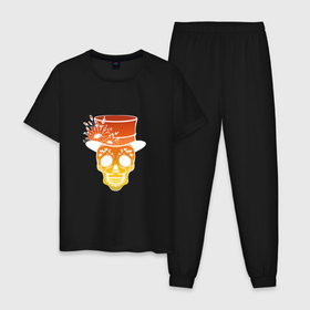 Мужская пижама хлопок с принтом Оранжевый мексиканский череп на Хэллоуин в Кировске, 100% хлопок | брюки и футболка прямого кроя, без карманов, на брюках мягкая резинка на поясе и по низу штанин
 | 