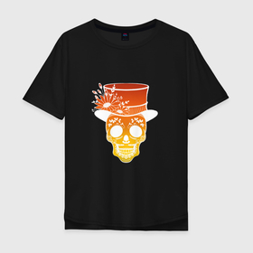 Мужская футболка хлопок Oversize с принтом Оранжевый мексиканский череп на Хэллоуин в Курске, 100% хлопок | свободный крой, круглый ворот, “спинка” длиннее передней части | 