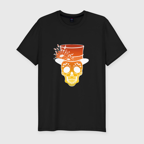 Мужская футболка хлопок Slim с принтом Оранжевый мексиканский череп на Хэллоуин в Тюмени, 92% хлопок, 8% лайкра | приталенный силуэт, круглый вырез ворота, длина до линии бедра, короткий рукав | 