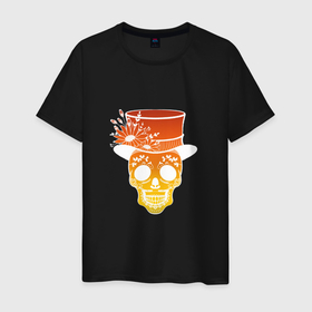 Мужская футболка хлопок с принтом Оранжевый мексиканский череп на Хэллоуин в Екатеринбурге, 100% хлопок | прямой крой, круглый вырез горловины, длина до линии бедер, слегка спущенное плечо. | Тематика изображения на принте: 