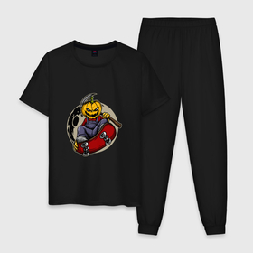 Мужская пижама хлопок с принтом Тыква   жнец на скейте в Кировске, 100% хлопок | брюки и футболка прямого кроя, без карманов, на брюках мягкая резинка на поясе и по низу штанин
 | 
