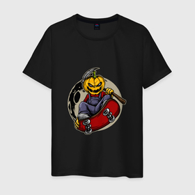Мужская футболка хлопок с принтом Тыква   жнец на скейте , 100% хлопок | прямой крой, круглый вырез горловины, длина до линии бедер, слегка спущенное плечо. | 