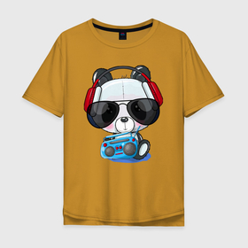 Мужская футболка хлопок Oversize с принтом Прикольный маленький панда в очках с магнитолой , 100% хлопок | свободный крой, круглый ворот, “спинка” длиннее передней части | 
