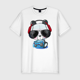 Мужская футболка хлопок Slim с принтом Прикольный маленький панда в очках с магнитолой в Тюмени, 92% хлопок, 8% лайкра | приталенный силуэт, круглый вырез ворота, длина до линии бедра, короткий рукав | Тематика изображения на принте: 