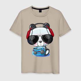 Мужская футболка хлопок с принтом Прикольный маленький панда в очках с магнитолой , 100% хлопок | прямой крой, круглый вырез горловины, длина до линии бедер, слегка спущенное плечо. | Тематика изображения на принте: 