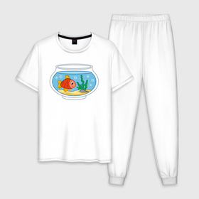 Мужская пижама хлопок с принтом Аквариум и рыбка , 100% хлопок | брюки и футболка прямого кроя, без карманов, на брюках мягкая резинка на поясе и по низу штанин
 | 