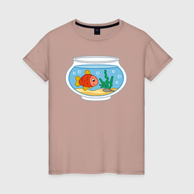 Женская футболка хлопок с принтом Аквариум и рыбка в Екатеринбурге, 100% хлопок | прямой крой, круглый вырез горловины, длина до линии бедер, слегка спущенное плечо | 
