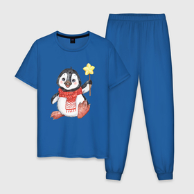Мужская пижама хлопок с принтом Новогодний праздничный пингвин в Белгороде, 100% хлопок | брюки и футболка прямого кроя, без карманов, на брюках мягкая резинка на поясе и по низу штанин
 | 
