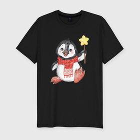 Мужская футболка хлопок Slim с принтом Новогодний праздничный пингвин в Белгороде, 92% хлопок, 8% лайкра | приталенный силуэт, круглый вырез ворота, длина до линии бедра, короткий рукав | 