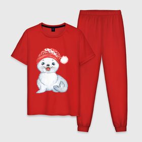 Мужская пижама хлопок с принтом Новогодний тюлень , 100% хлопок | брюки и футболка прямого кроя, без карманов, на брюках мягкая резинка на поясе и по низу штанин
 | 