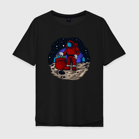 Мужская футболка хлопок Oversize с принтом Санта космонавт в Екатеринбурге, 100% хлопок | свободный крой, круглый ворот, “спинка” длиннее передней части | 