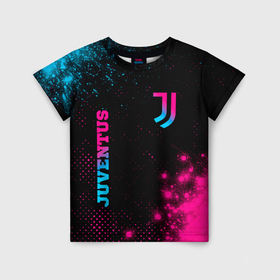Детская футболка 3D с принтом Juventus   neon gradient: надпись, символ в Санкт-Петербурге, 100% гипоаллергенный полиэфир | прямой крой, круглый вырез горловины, длина до линии бедер, чуть спущенное плечо, ткань немного тянется | 