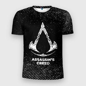 Мужская футболка 3D Slim с принтом Assassins Creed с потертостями на темном фоне в Санкт-Петербурге, 100% полиэстер с улучшенными характеристиками | приталенный силуэт, круглая горловина, широкие плечи, сужается к линии бедра | Тематика изображения на принте: 