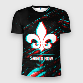 Мужская футболка 3D Slim с принтом Saints Row в стиле glitch и баги графики на темном фоне , 100% полиэстер с улучшенными характеристиками | приталенный силуэт, круглая горловина, широкие плечи, сужается к линии бедра | 