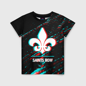 Детская футболка 3D с принтом Saints Row в стиле glitch и баги графики на темном фоне в Белгороде, 100% гипоаллергенный полиэфир | прямой крой, круглый вырез горловины, длина до линии бедер, чуть спущенное плечо, ткань немного тянется | 