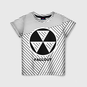 Детская футболка 3D с принтом Символ Fallout на светлом фоне с полосами в Новосибирске, 100% гипоаллергенный полиэфир | прямой крой, круглый вырез горловины, длина до линии бедер, чуть спущенное плечо, ткань немного тянется | 