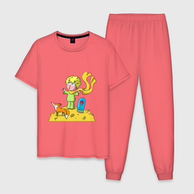 Мужская пижама хлопок с принтом Маленький принц и лиса в Тюмени, 100% хлопок | брюки и футболка прямого кроя, без карманов, на брюках мягкая резинка на поясе и по низу штанин
 | Тематика изображения на принте: 