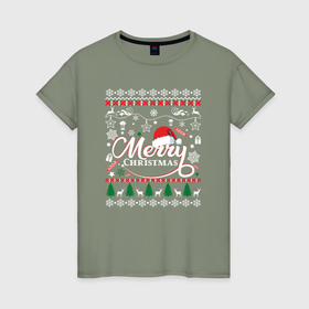 Женская футболка хлопок с принтом Счастливого Нового Года и Рождества в Екатеринбурге, 100% хлопок | прямой крой, круглый вырез горловины, длина до линии бедер, слегка спущенное плечо | 