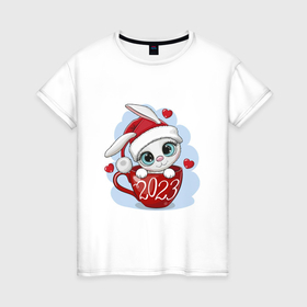Женская футболка хлопок с принтом Милый кролик 2023 в Екатеринбурге, 100% хлопок | прямой крой, круглый вырез горловины, длина до линии бедер, слегка спущенное плечо | 