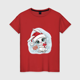 Женская футболка хлопок с принтом Милый кролик с подарком 2023 в Екатеринбурге, 100% хлопок | прямой крой, круглый вырез горловины, длина до линии бедер, слегка спущенное плечо | 