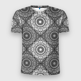 Мужская футболка 3D Slim с принтом Ажурный кружевной узор пэчворк  Черно белые квадраты в Петрозаводске, 100% полиэстер с улучшенными характеристиками | приталенный силуэт, круглая горловина, широкие плечи, сужается к линии бедра | 