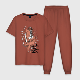 Мужская пижама хлопок с принтом Гейша скелет в Екатеринбурге, 100% хлопок | брюки и футболка прямого кроя, без карманов, на брюках мягкая резинка на поясе и по низу штанин
 | 