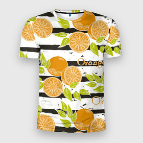 Мужская футболка 3D Slim с принтом Апельсины на чёрно белом фоне в Новосибирске, 100% полиэстер с улучшенными характеристиками | приталенный силуэт, круглая горловина, широкие плечи, сужается к линии бедра | 