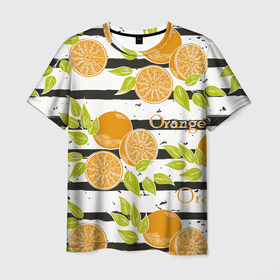 Мужская футболка 3D с принтом Апельсины на чёрно белом фоне в Новосибирске, 100% полиэфир | прямой крой, круглый вырез горловины, длина до линии бедер | 