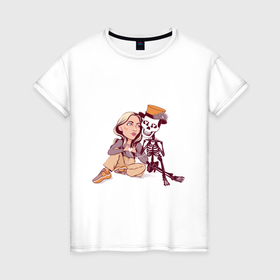 Женская футболка хлопок с принтом Девушка и скелетик в шляпе в Петрозаводске, 100% хлопок | прямой крой, круглый вырез горловины, длина до линии бедер, слегка спущенное плечо | 