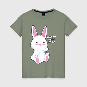 Женская футболка хлопок с принтом Милый кролик happy в Новосибирске, 100% хлопок | прямой крой, круглый вырез горловины, длина до линии бедер, слегка спущенное плечо | 