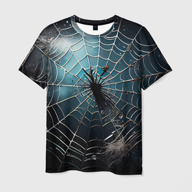 Мужская футболка 3D с принтом Halloween   паутина на фоне мрачного неба в Санкт-Петербурге, 100% полиэфир | прямой крой, круглый вырез горловины, длина до линии бедер | 