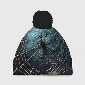 Шапка 3D c помпоном с принтом Halloween   паутина на фоне мрачного неба в Тюмени, 100% полиэстер | универсальный размер, печать по всей поверхности изделия | 