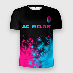 Мужская футболка 3D Slim с принтом AC Milan   neon gradient: символ сверху в Санкт-Петербурге, 100% полиэстер с улучшенными характеристиками | приталенный силуэт, круглая горловина, широкие плечи, сужается к линии бедра | Тематика изображения на принте: 