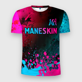 Мужская футболка 3D Slim с принтом Maneskin   neon gradient: символ сверху в Петрозаводске, 100% полиэстер с улучшенными характеристиками | приталенный силуэт, круглая горловина, широкие плечи, сужается к линии бедра | 