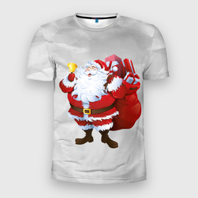 Мужская футболка 3D Slim с принтом Санта Клаус и колокольчик в Новосибирске, 100% полиэстер с улучшенными характеристиками | приталенный силуэт, круглая горловина, широкие плечи, сужается к линии бедра | 