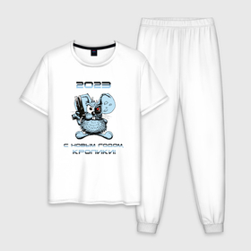 Мужская пижама хлопок с принтом Кролик  Терминатор 2023 в Курске, 100% хлопок | брюки и футболка прямого кроя, без карманов, на брюках мягкая резинка на поясе и по низу штанин
 | 