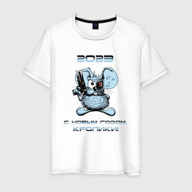 Мужская футболка хлопок с принтом Кролик  Терминатор 2023 в Тюмени, 100% хлопок | прямой крой, круглый вырез горловины, длина до линии бедер, слегка спущенное плечо. | Тематика изображения на принте: 