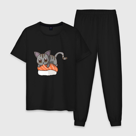 Мужская пижама хлопок с принтом Sushi cat в Санкт-Петербурге, 100% хлопок | брюки и футболка прямого кроя, без карманов, на брюках мягкая резинка на поясе и по низу штанин
 | 