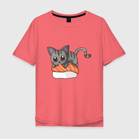 Мужская футболка хлопок Oversize с принтом Sushi cat , 100% хлопок | свободный крой, круглый ворот, “спинка” длиннее передней части | Тематика изображения на принте: 