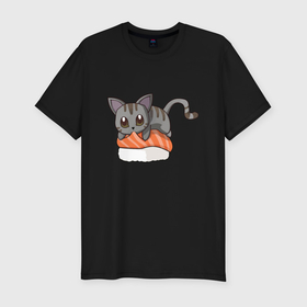 Мужская футболка хлопок Slim с принтом Sushi cat в Санкт-Петербурге, 92% хлопок, 8% лайкра | приталенный силуэт, круглый вырез ворота, длина до линии бедра, короткий рукав | 