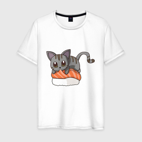 Мужская футболка хлопок с принтом Sushi cat , 100% хлопок | прямой крой, круглый вырез горловины, длина до линии бедер, слегка спущенное плечо. | Тематика изображения на принте: 
