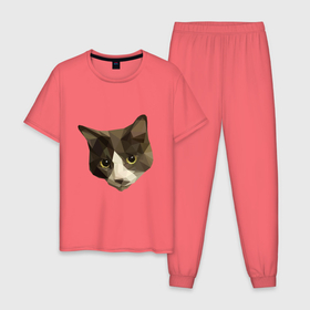 Мужская пижама хлопок с принтом Полигональный котейка голова в Петрозаводске, 100% хлопок | брюки и футболка прямого кроя, без карманов, на брюках мягкая резинка на поясе и по низу штанин
 | 