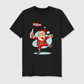 Мужская футболка хлопок Slim с принтом Пьяный Дед Мороз в Екатеринбурге, 92% хлопок, 8% лайкра | приталенный силуэт, круглый вырез ворота, длина до линии бедра, короткий рукав | Тематика изображения на принте: 