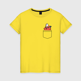 Женская футболка хлопок с принтом Пачита в кармашке   Человек бензопила в Петрозаводске, 100% хлопок | прямой крой, круглый вырез горловины, длина до линии бедер, слегка спущенное плечо | 