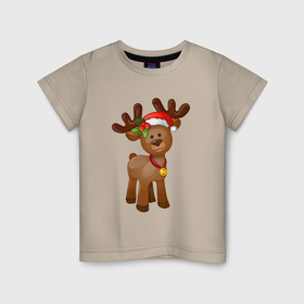 Детская футболка хлопок с принтом Новогодний олень с бубенчиком в Екатеринбурге, 100% хлопок | круглый вырез горловины, полуприлегающий силуэт, длина до линии бедер | 