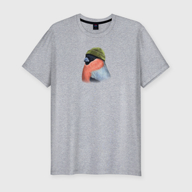 Мужская футболка хлопок Slim с принтом Снегирь в шапке в Курске, 92% хлопок, 8% лайкра | приталенный силуэт, круглый вырез ворота, длина до линии бедра, короткий рукав | 